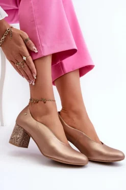 Damskie Maciejka Eleganckie Skórzane Czółenka Na Słupku 06422-25 Złote