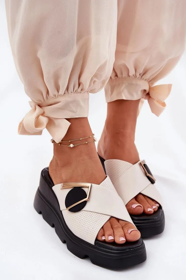 Artiker Klapki Na Koturnie|Klapki Damskie Klasyczne*Eleganckie Skórzane Klapki Damskie Na Koturnie Z Ozdobą 56C1585 Beżowe