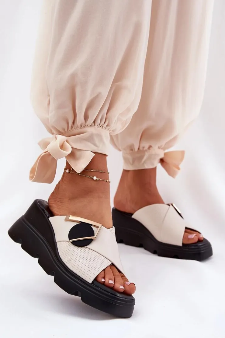 Artiker Klapki Na Koturnie|Klapki Damskie Klasyczne*Eleganckie Skórzane Klapki Damskie Na Koturnie Z Ozdobą 56C1585 Beżowe