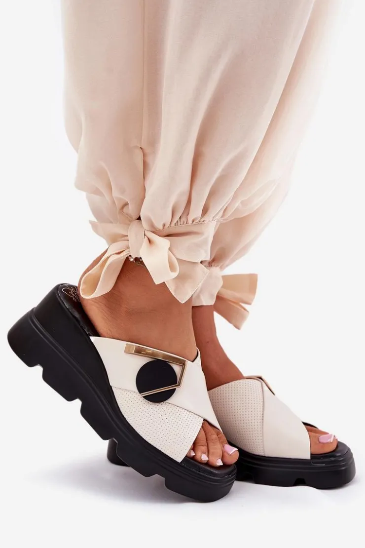 Artiker Klapki Na Koturnie|Klapki Damskie Klasyczne*Eleganckie Skórzane Klapki Damskie Na Koturnie Z Ozdobą 56C1585 Beżowe