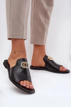 Zazoo Eleganckie Skórzane Klapki Damskie Z Ozdobą 3008 Czarne Czarny