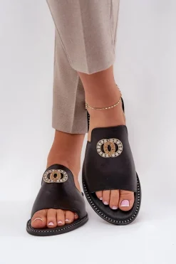 Zazoo Eleganckie Skórzane Klapki Damskie Z Ozdobą 3008 Czarne Czarny