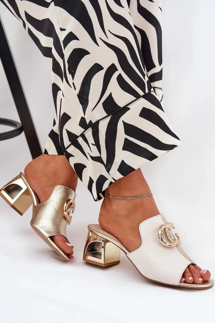 Online Laura Messi Eleganckie Skórzane Klapki Na Obcasie 2875 Beżowo-Złote