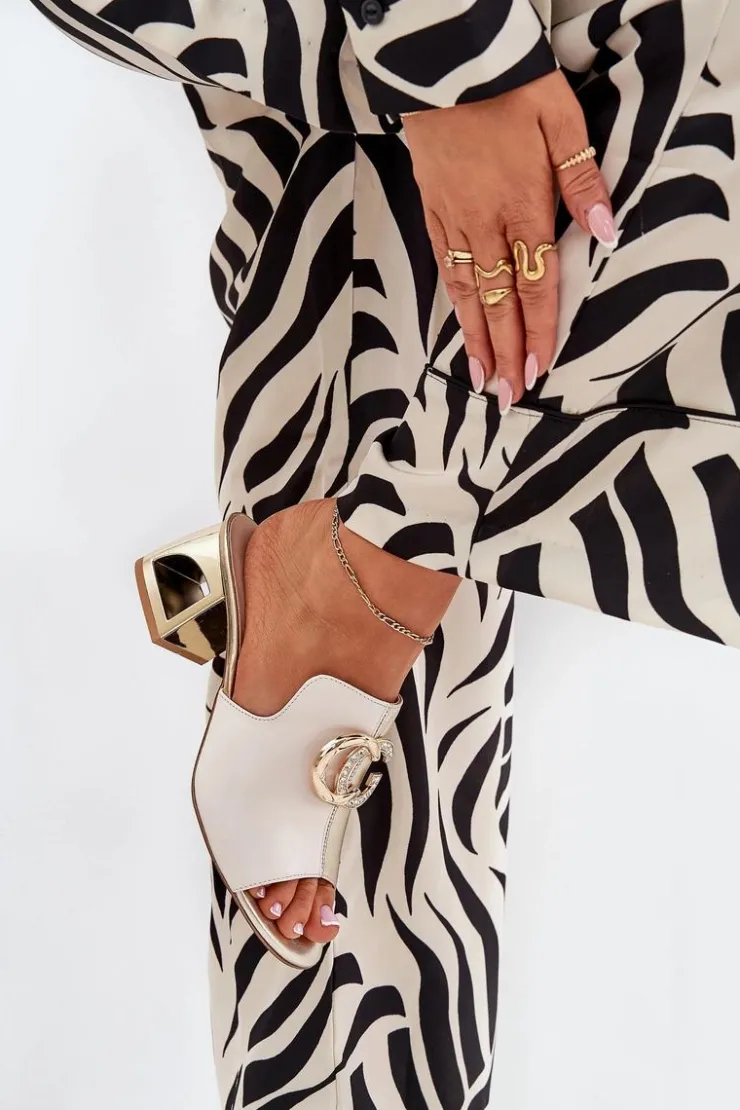 Online Laura Messi Eleganckie Skórzane Klapki Na Obcasie 2875 Beżowo-Złote