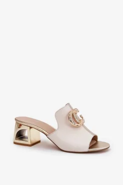 Online Laura Messi Eleganckie Skórzane Klapki Na Obcasie 2875 Beżowo-Złote