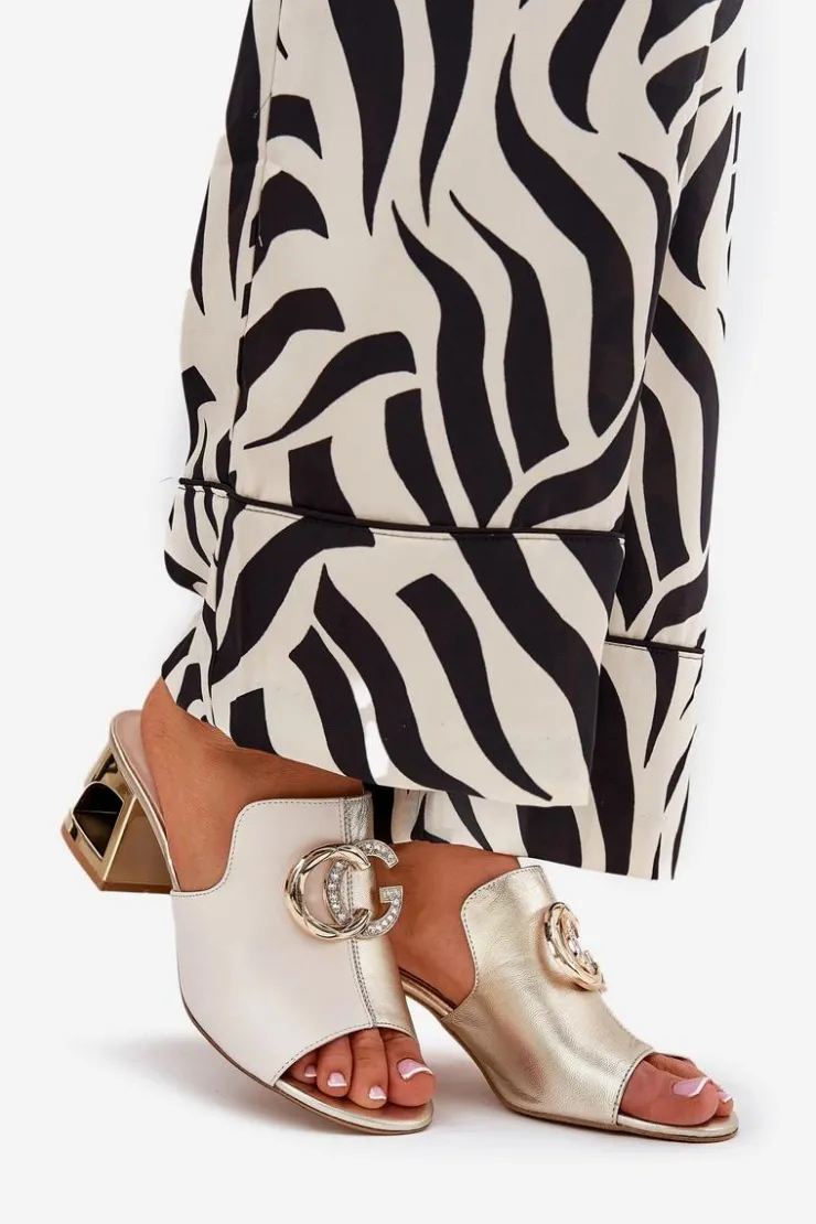 Online Laura Messi Eleganckie Skórzane Klapki Na Obcasie 2875 Beżowo-Złote