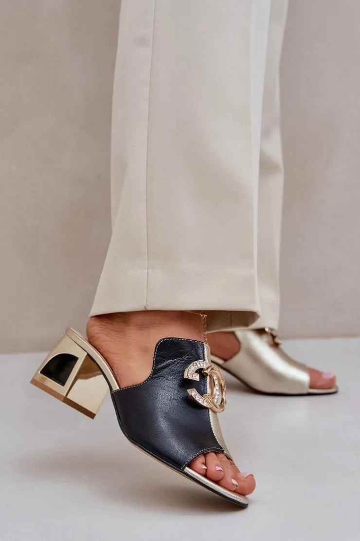 Hot Laura Messi Eleganckie Skórzane Klapki Na Obcasie 2875 Czarno-Złote