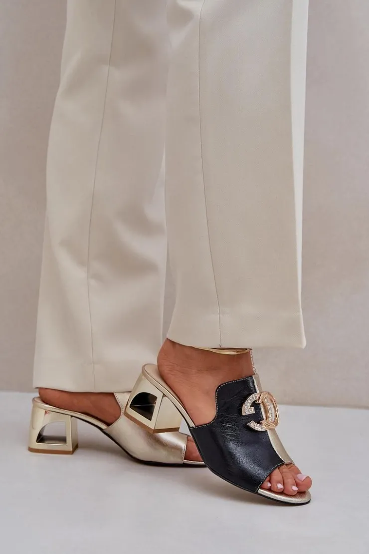 Hot Laura Messi Eleganckie Skórzane Klapki Na Obcasie 2875 Czarno-Złote