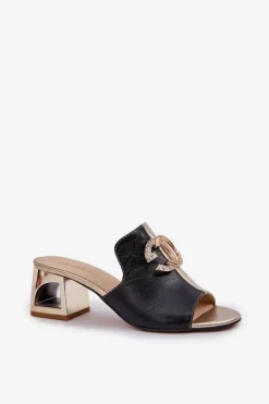 Hot Laura Messi Eleganckie Skórzane Klapki Na Obcasie 2875 Czarno-Złote