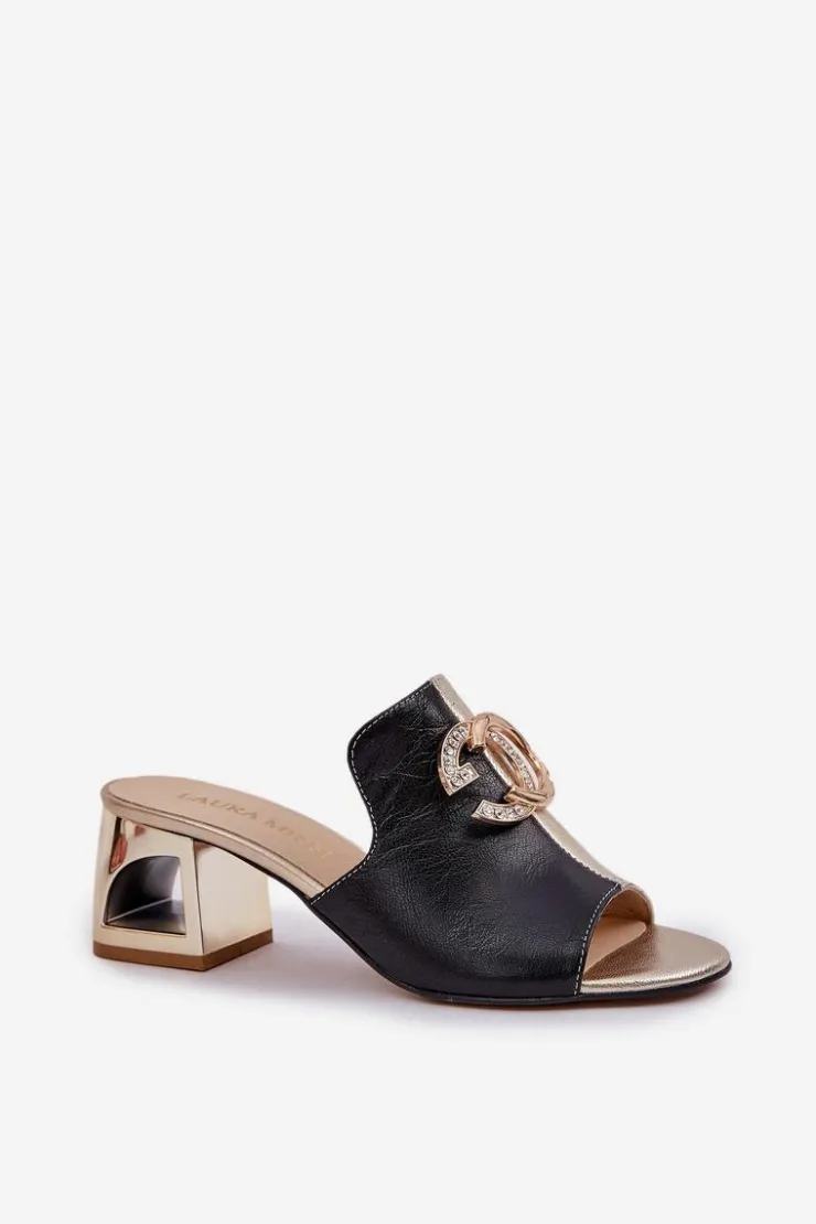 Hot Laura Messi Eleganckie Skórzane Klapki Na Obcasie 2875 Czarno-Złote