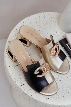 Hot Laura Messi Eleganckie Skórzane Klapki Na Obcasie 2875 Czarno-Złote