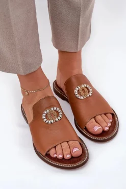 Online Zazoo Eleganckie Skórzane Klapki Damskie Z Ozdobą 3008 Camel Brązowy