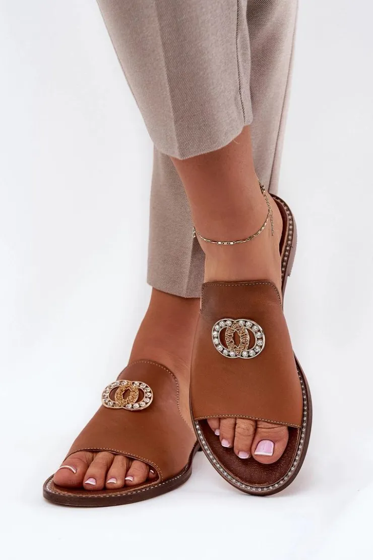 Online Zazoo Eleganckie Skórzane Klapki Damskie Z Ozdobą 3008 Camel Brązowy