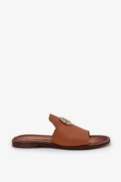 Online Zazoo Eleganckie Skórzane Klapki Damskie Z Ozdobą 3008 Camel Brązowy
