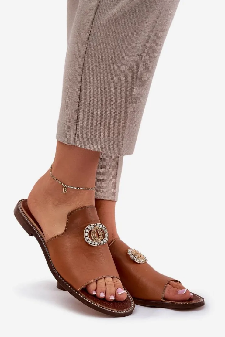 Online Zazoo Eleganckie Skórzane Klapki Damskie Z Ozdobą 3008 Camel Brązowy
