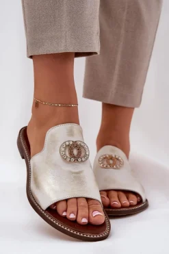 Zazoo Klapki Damskie Klasyczne*Eleganckie Skórzane Klapki Damskie Z Ozdobą 3008 Przecierany Złoty