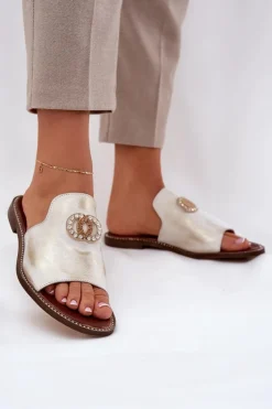 Zazoo Klapki Damskie Klasyczne*Eleganckie Skórzane Klapki Damskie Z Ozdobą 3008 Przecierany Złoty