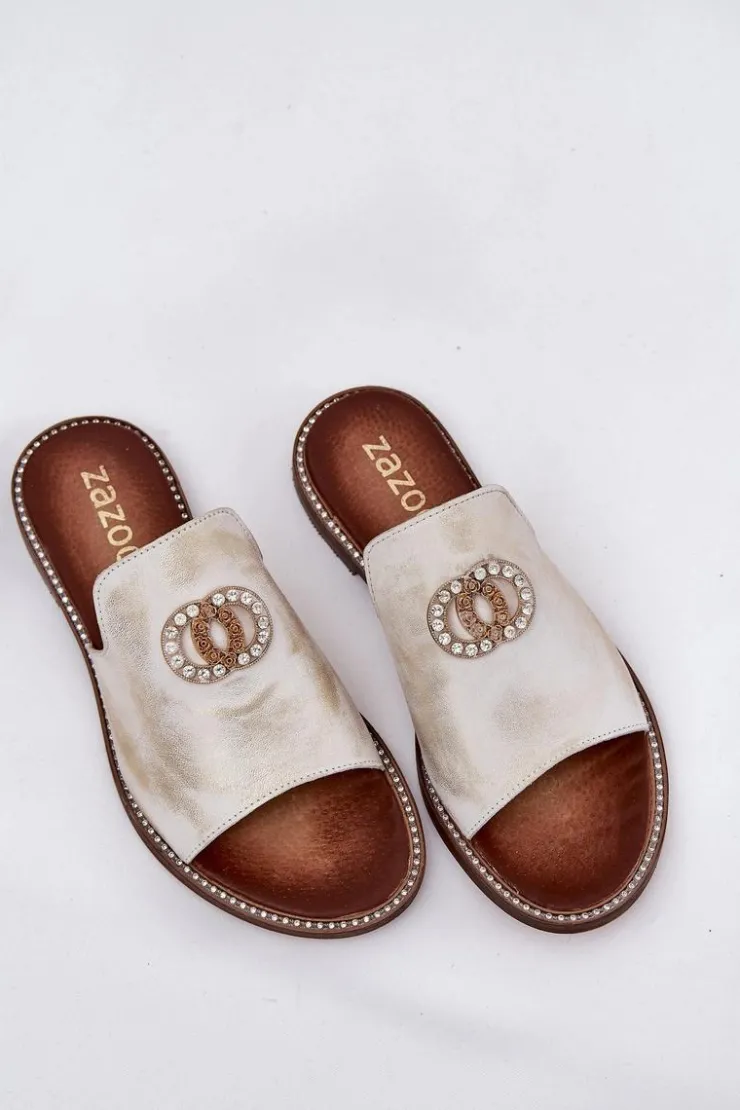 Zazoo Klapki Damskie Klasyczne*Eleganckie Skórzane Klapki Damskie Z Ozdobą 3008 Przecierany Złoty