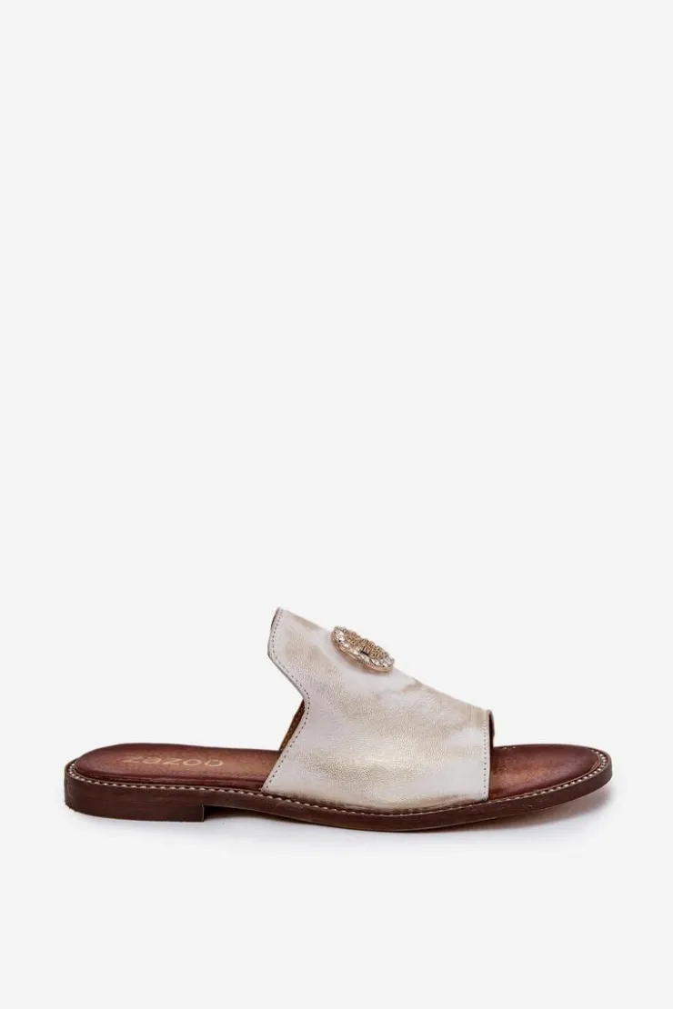 Zazoo Klapki Damskie Klasyczne*Eleganckie Skórzane Klapki Damskie Z Ozdobą 3008 Przecierany Złoty