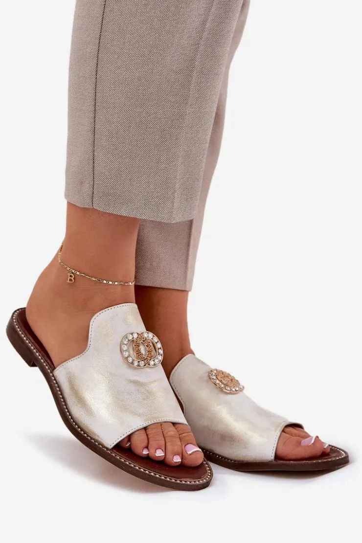 Zazoo Klapki Damskie Klasyczne*Eleganckie Skórzane Klapki Damskie Z Ozdobą 3008 Przecierany Złoty