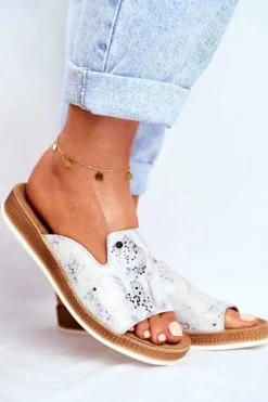 Discount Boto Eleganckie Skórzane Klapki Wzór Zwierzęcy Białe Nicole 2495