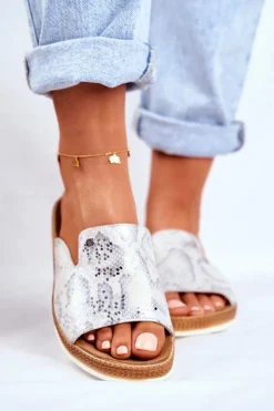 Discount Boto Eleganckie Skórzane Klapki Wzór Zwierzęcy Białe Nicole 2495