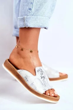 Discount Boto Eleganckie Skórzane Klapki Wzór Zwierzęcy Białe Nicole 2495