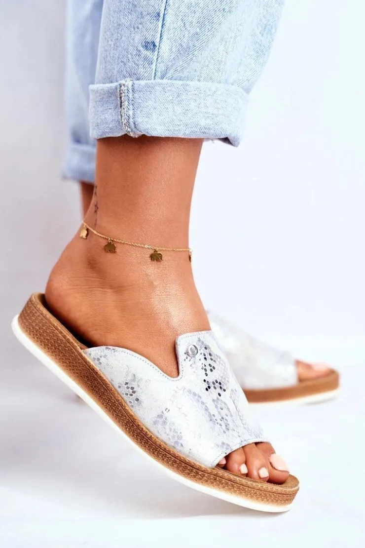 Discount Boto Eleganckie Skórzane Klapki Wzór Zwierzęcy Białe Nicole 2495