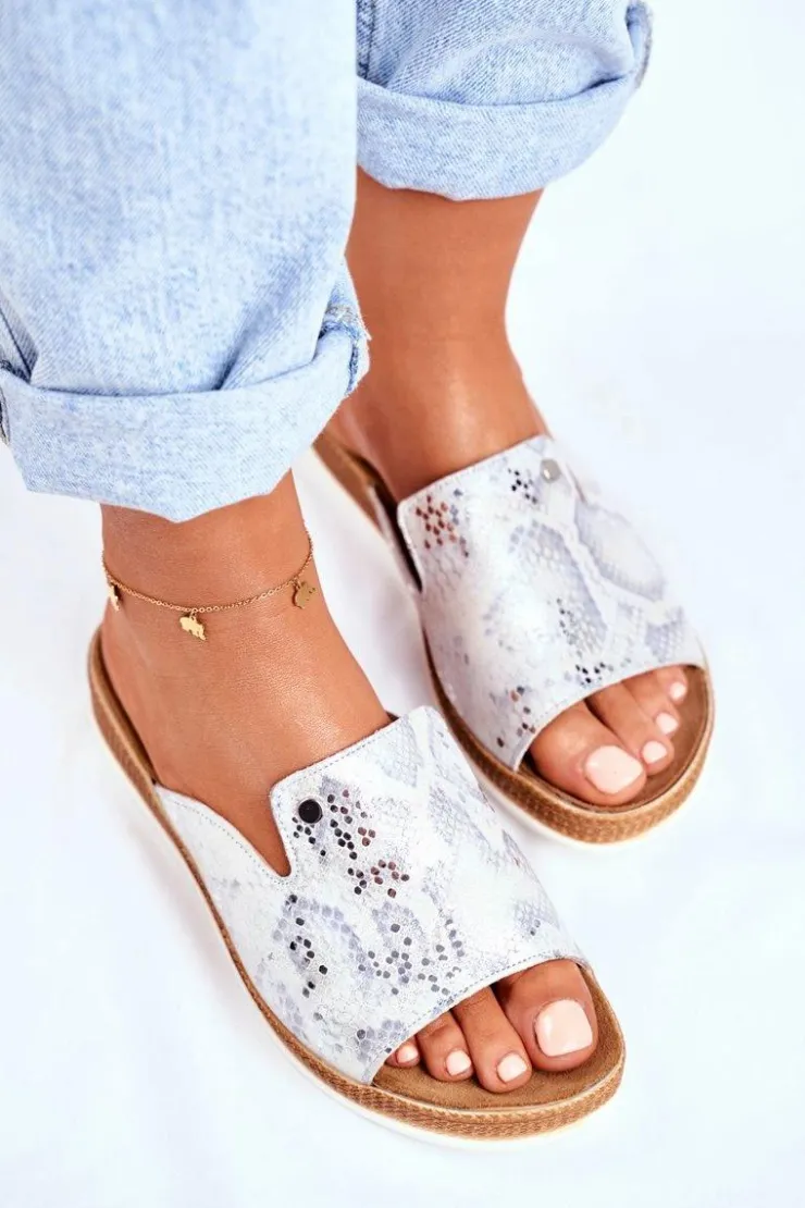 Discount Boto Eleganckie Skórzane Klapki Wzór Zwierzęcy Białe Nicole 2495