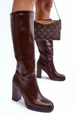 Clearance Boto Eleganckie Skórzane Kozaki Przed Kolano Na Słupku Brązowe Felsha