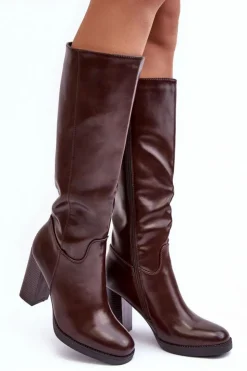 Clearance Boto Eleganckie Skórzane Kozaki Przed Kolano Na Słupku Brązowe Felsha