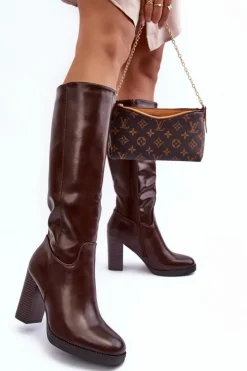 Clearance Boto Eleganckie Skórzane Kozaki Przed Kolano Na Słupku Brązowe Felsha