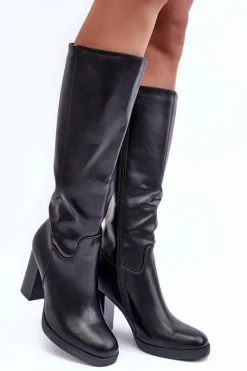 Boto Kozaki Przed Kolano|Kozaki Na Obcasie*Eleganckie Skórzane Kozaki Przed Kolano Na Słupku Czarne Felsha