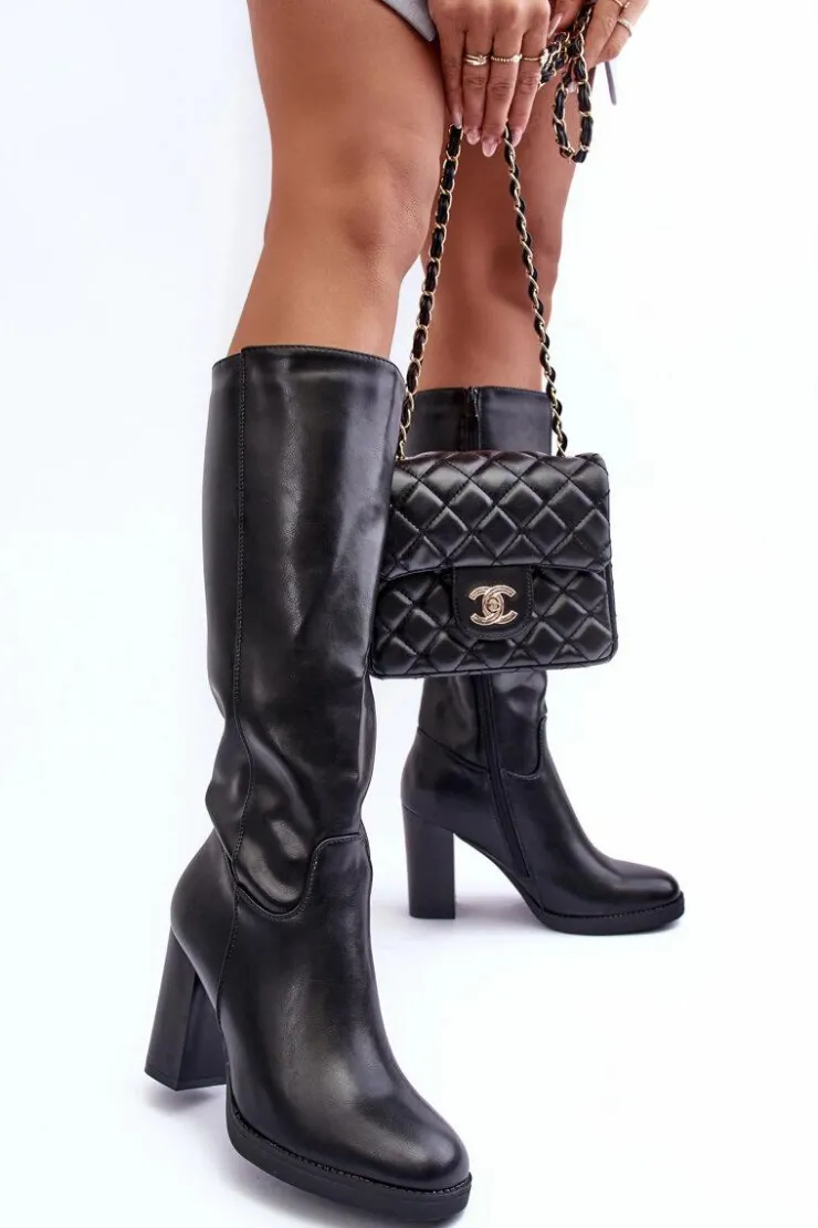 Boto Kozaki Przed Kolano|Kozaki Na Obcasie*Eleganckie Skórzane Kozaki Przed Kolano Na Słupku Czarne Felsha