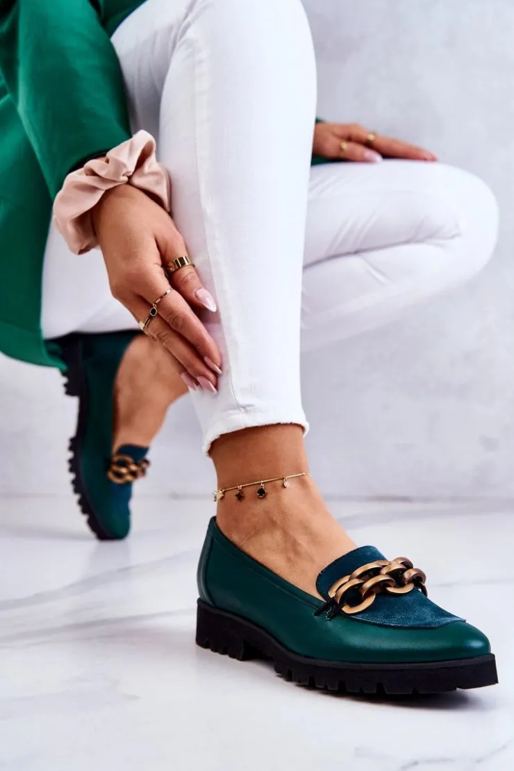 Boto Mokasyny Damskie Skórzane|Mokasyny Damskie Zamszowe*Eleganckie Skórzane Mokasyny Z Łańcuchem Zielone Geneva