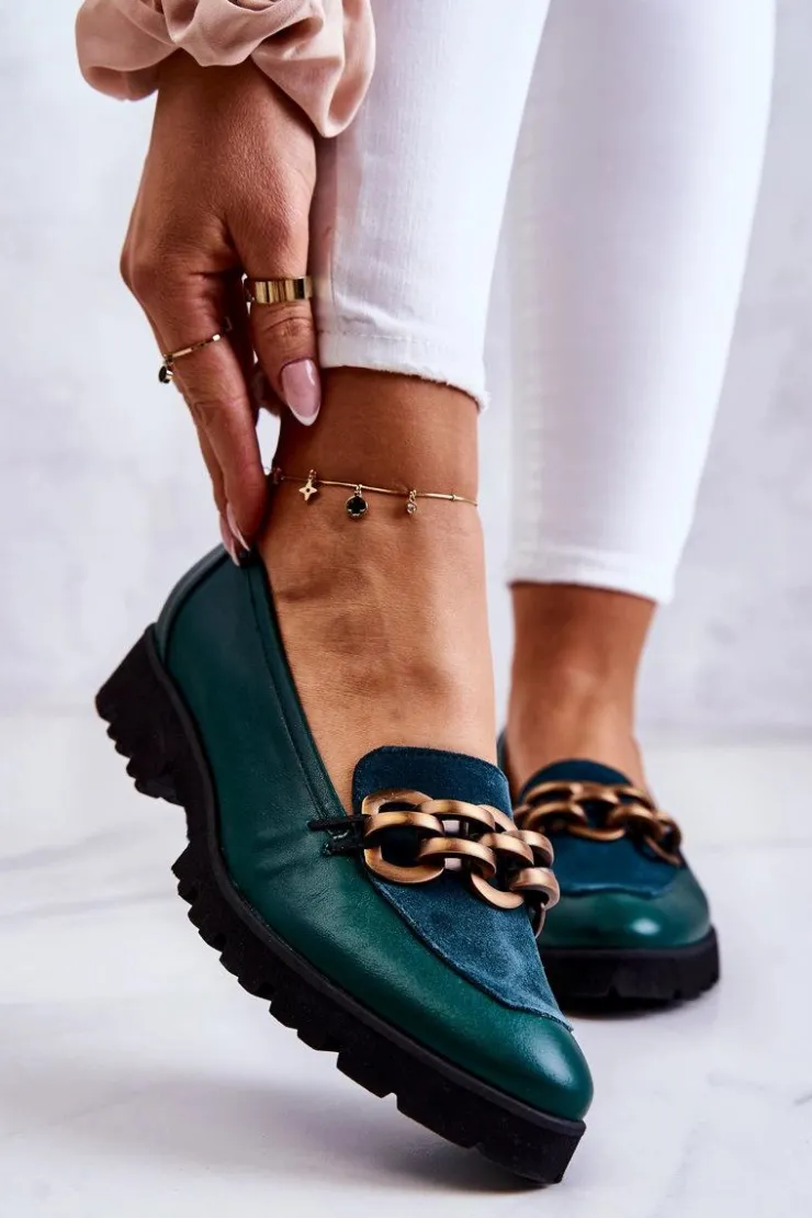 Boto Mokasyny Damskie Skórzane|Mokasyny Damskie Zamszowe*Eleganckie Skórzane Mokasyny Z Łańcuchem Zielone Geneva