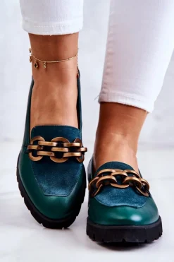 Boto Mokasyny Damskie Skórzane|Mokasyny Damskie Zamszowe*Eleganckie Skórzane Mokasyny Z Łańcuchem Zielone Geneva