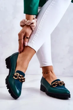 Boto Mokasyny Damskie Skórzane|Mokasyny Damskie Zamszowe*Eleganckie Skórzane Mokasyny Z Łańcuchem Zielone Geneva