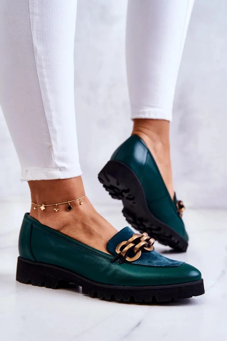 Boto Mokasyny Damskie Skórzane|Mokasyny Damskie Zamszowe*Eleganckie Skórzane Mokasyny Z Łańcuchem Zielone Geneva