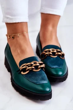 Boto Mokasyny Damskie Skórzane|Mokasyny Damskie Zamszowe*Eleganckie Skórzane Mokasyny Z Łańcuchem Zielone Geneva