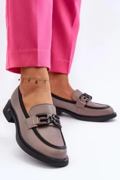 Buty damskie Vinceza Loafersy Damskie|Mokasyny Płaskie*Eleganckie Skórzane Mokasyny Damskie Ciemnobeżowe Triana Szary
