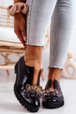 Damskie Boto Eleganckie Skórzane Półbuty Z Ozdobą Czarne Cindy