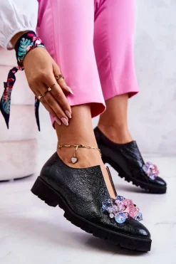 Boto Półbuty Skórzane*Eleganckie Skórzane Półbuty Z Ozdobą Ciemnozielone Cindy