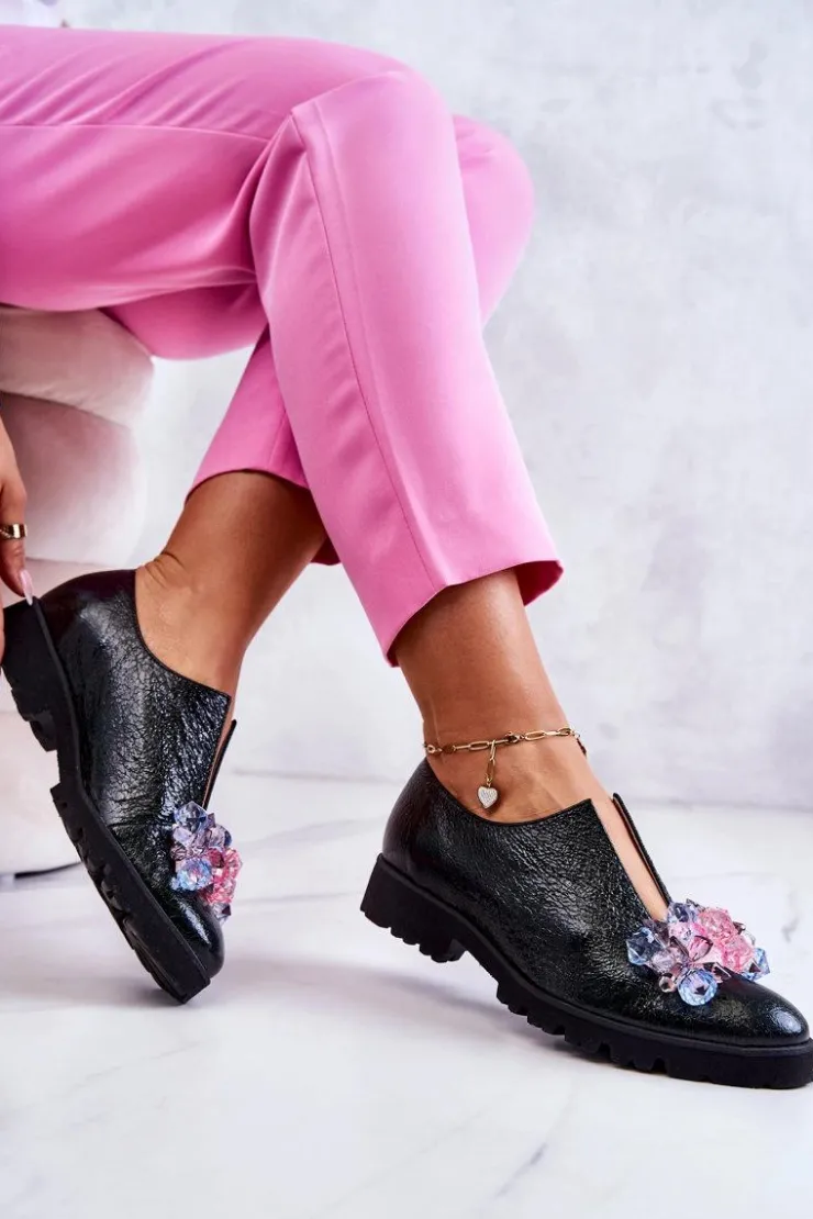 Boto Półbuty Skórzane*Eleganckie Skórzane Półbuty Z Ozdobą Ciemnozielone Cindy