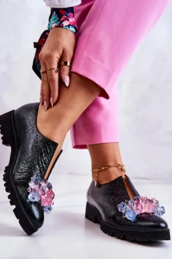 Boto Półbuty Skórzane*Eleganckie Skórzane Półbuty Z Ozdobą Ciemnozielone Cindy