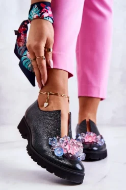 Boto Półbuty Skórzane*Eleganckie Skórzane Półbuty Z Ozdobą Ciemnozielone Cindy