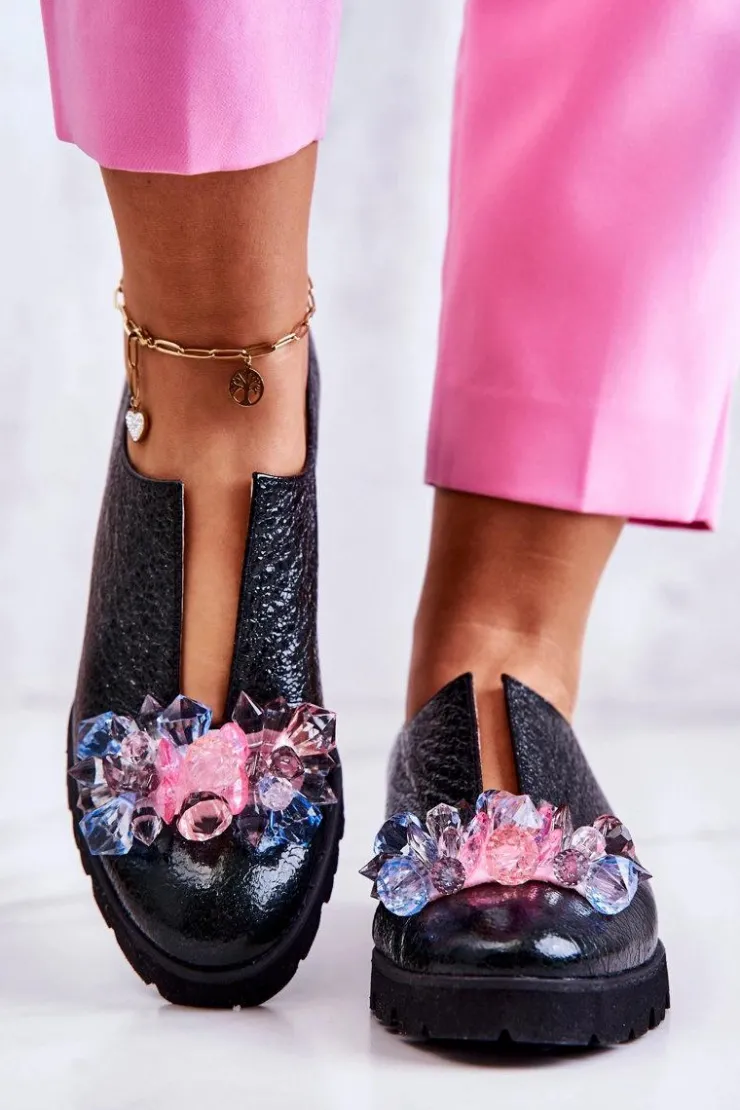 Boto Półbuty Skórzane*Eleganckie Skórzane Półbuty Z Ozdobą Ciemnozielone Cindy