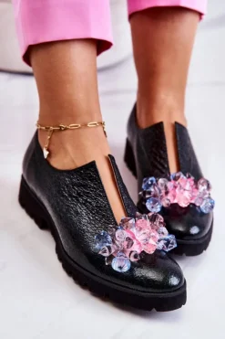 Boto Półbuty Skórzane*Eleganckie Skórzane Półbuty Z Ozdobą Ciemnozielone Cindy