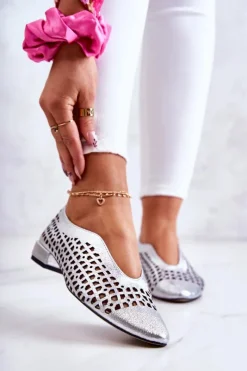 Best Boto Eleganckie Skórzane Półbuty Ażurowe Srebrne Ismena