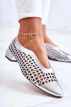 Best Boto Eleganckie Skórzane Półbuty Ażurowe Srebrne Ismena